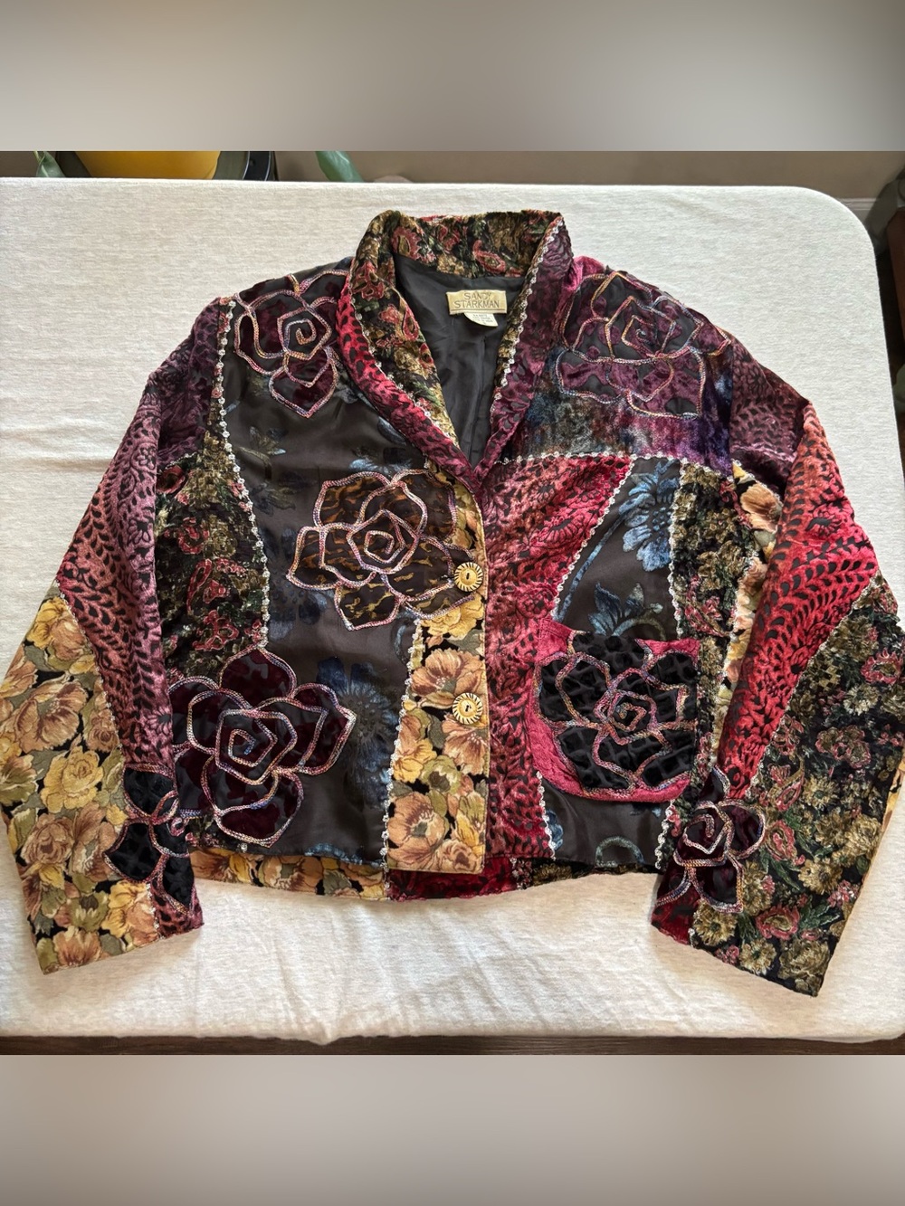 Sandy Starkman Cropped Patchwork Velvet Floral Tapestry Boho Jacket S